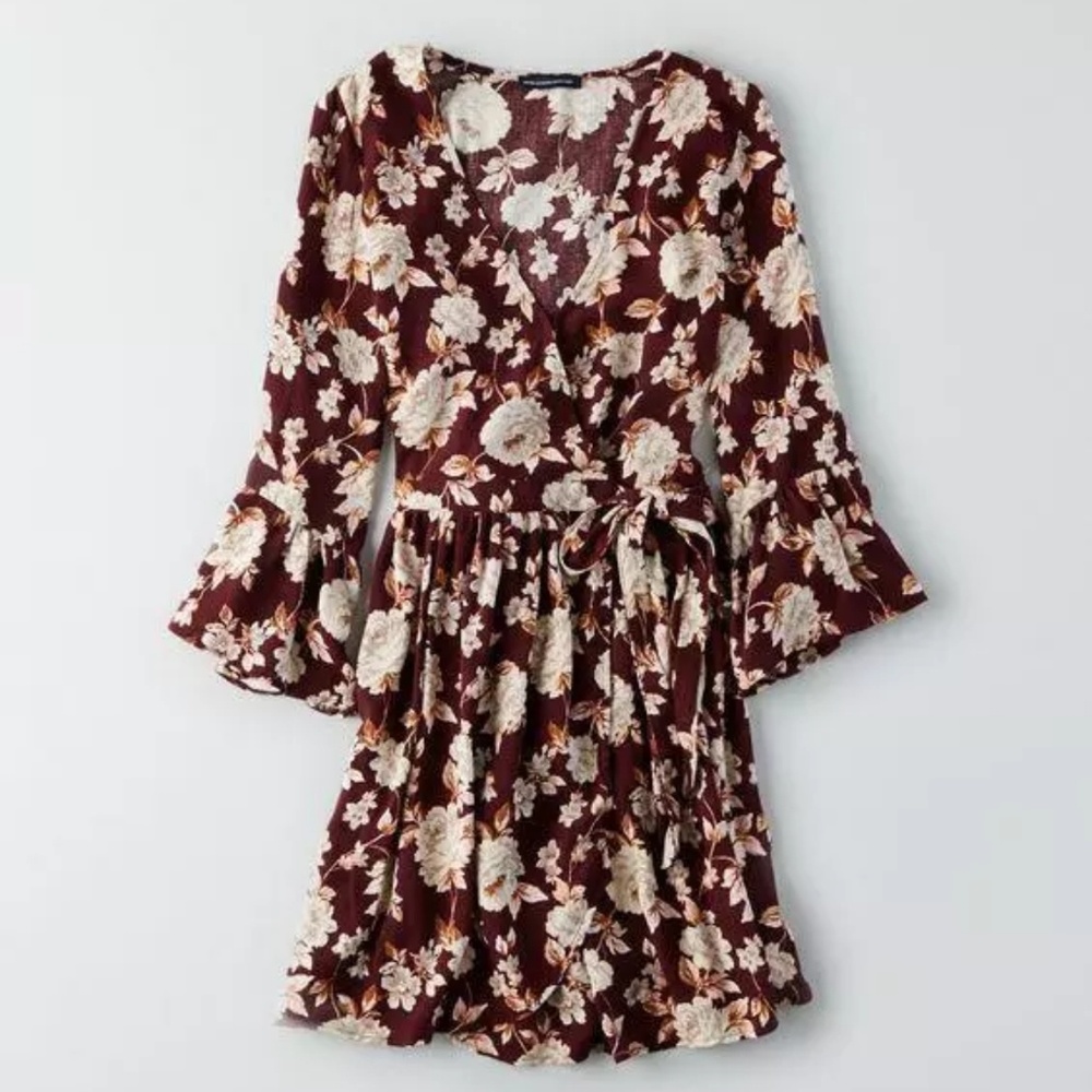 Burgundy Floral Wrap Dress XXS